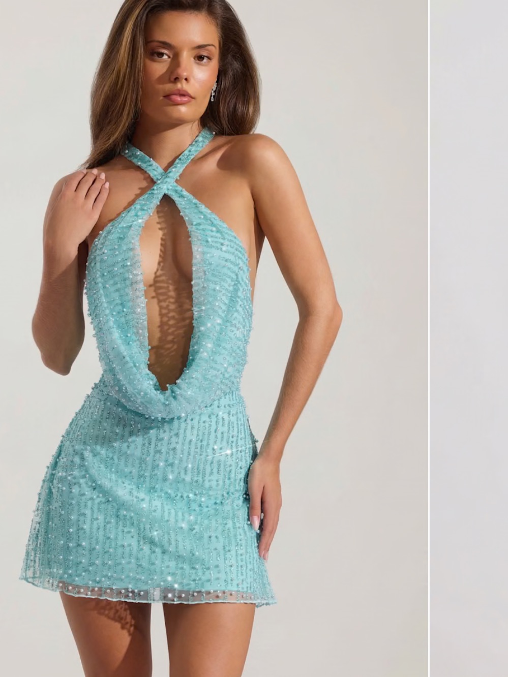 Oh Polly Aqua Blue Beaded Cowl Mini Dress
